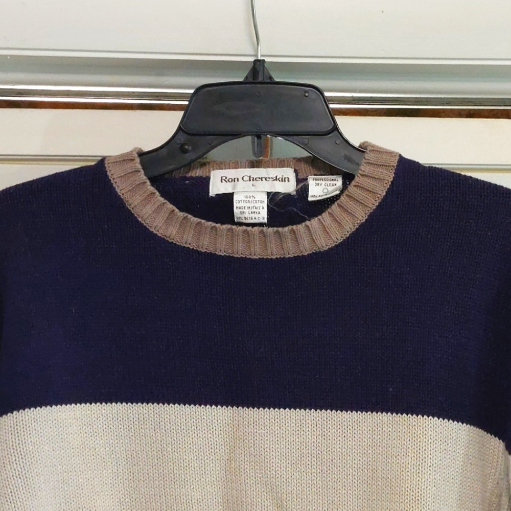 Vintage Ron Chereskin Men's Navy and Beige Colorblock Sweater